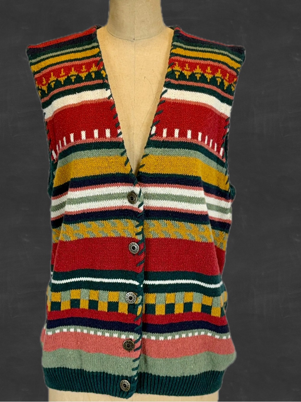 VINTAGE Southwest striped knit sweater vest sleeveless cardigan ranch west 90s